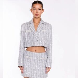 Glamorous Ladies size Small Silver-Tweed Double-Breasted Crop-Blazer‎